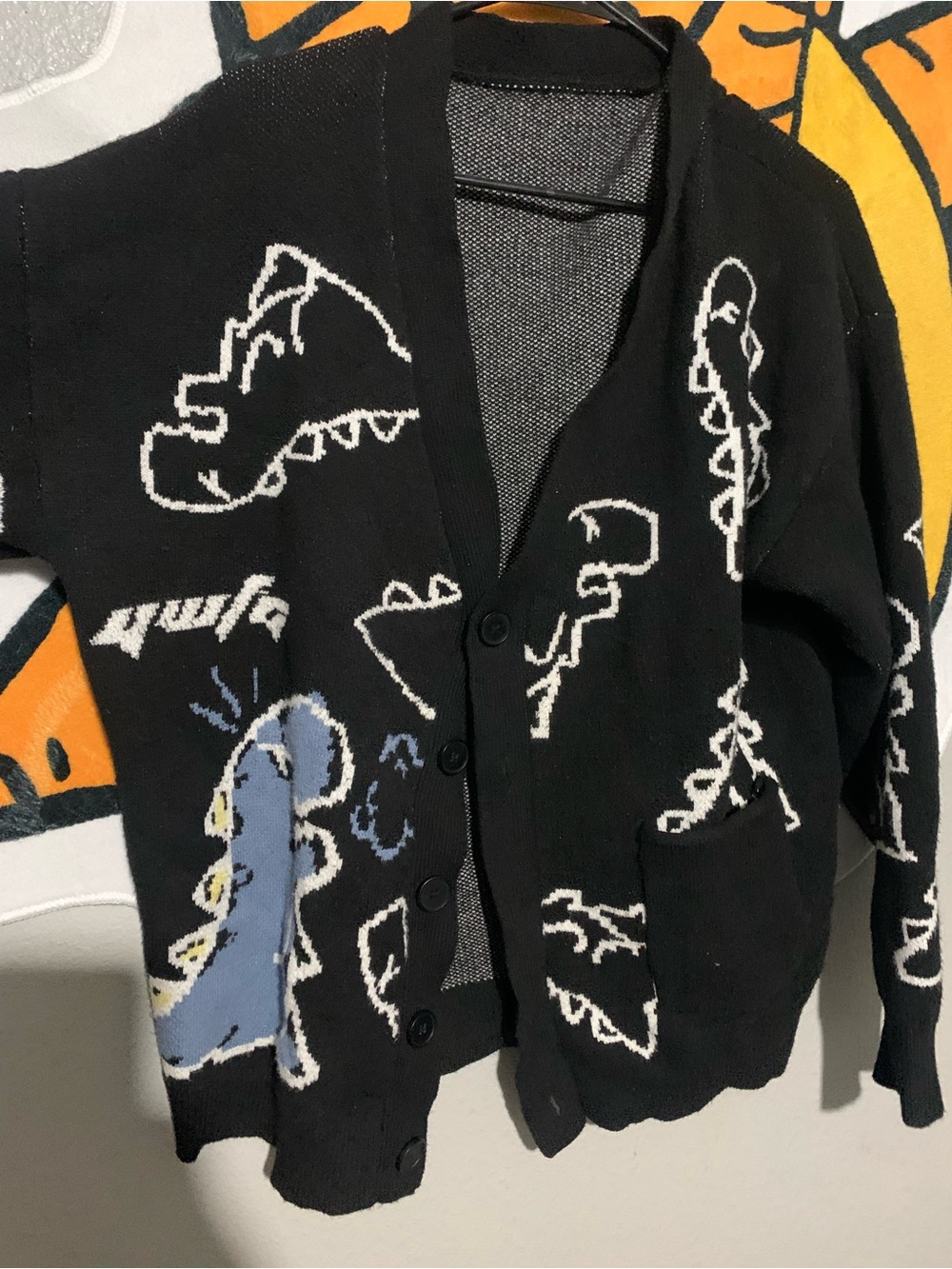 Unisex Black Dino Cardigan Sweater - Blue & White Dinosaur Pattern
